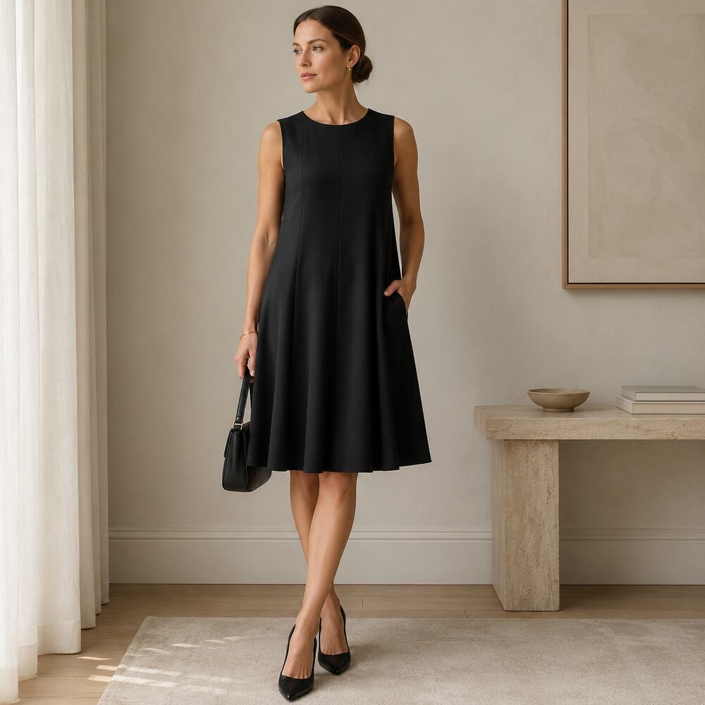 Black Label Evan Picone A-line Midi Dress Sz 6 Quiet Luxury LBD Minimalist Corp